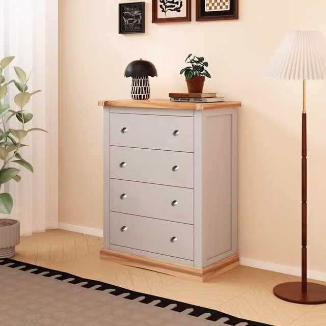 Cabinet Bits Bomporto 4 Drawer Chest of Drawers in Light Grey Pine with Chrome Knobs