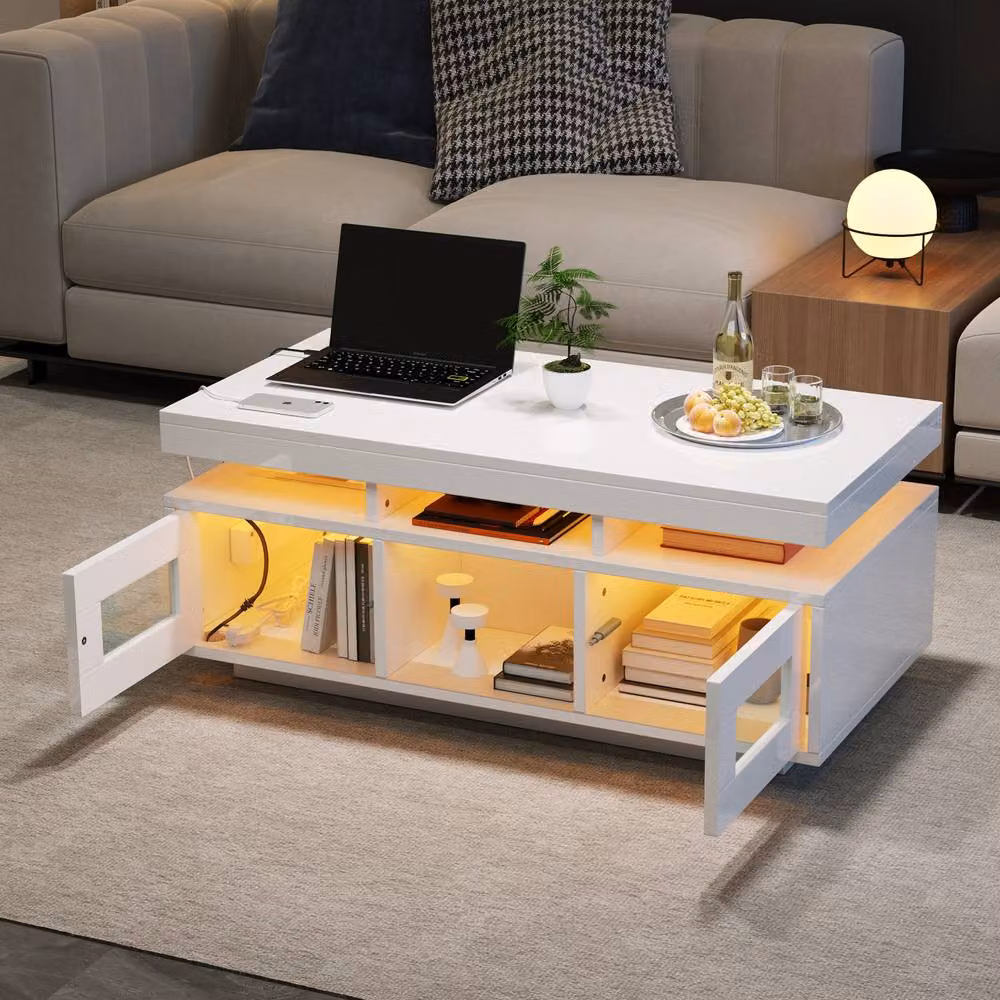 Merax High Gloss LED Coffee Table with Integrated Power Sockets and USB Ports in White – 6