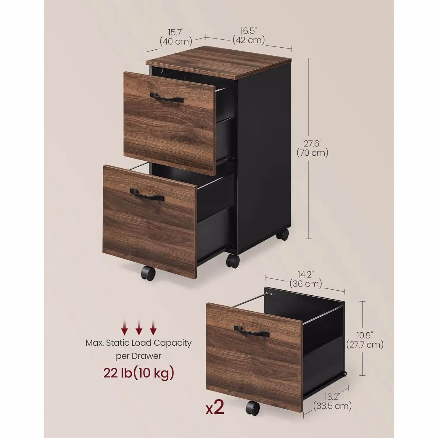 VASAGLE 2 Drawer Rolling File Cabinet in Brown with Castors, H 70 x W 42 x D 40 cm – 2