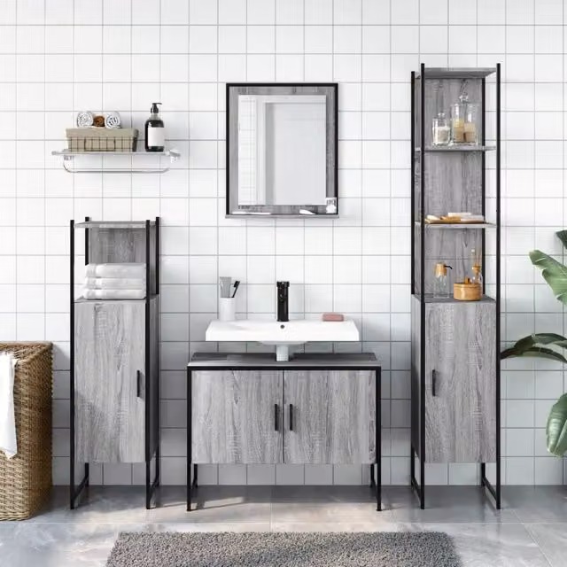 Berkfield Home 4 Piece Grey Bathroom Cabinet Set including Vanity Unit, Tall Cabinet, Wall Cabinet and Mirror Cabinet – 1