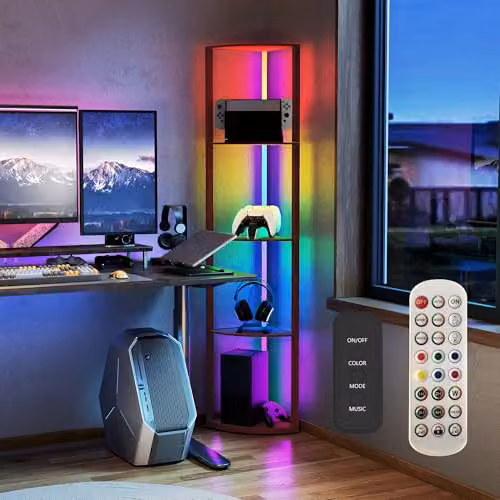 HOMCOM RGB LED Floor Lamp with 4-Tier Shelves in Brown – 5
