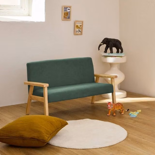 Sweek 2-Seater Children's Corduroy and Hevea Wood Bench in Khaki, W/D/H: 84 x 43.5 x 25 cm – 1