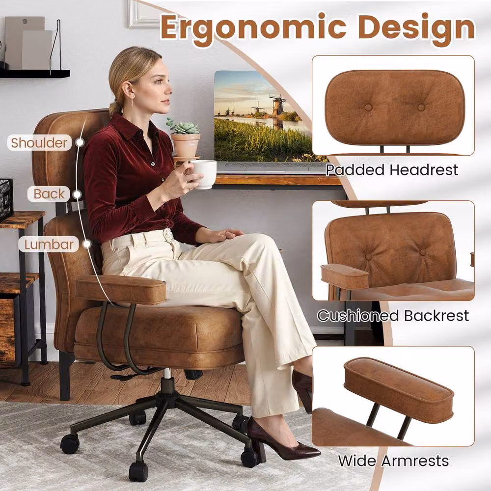 Costway Ergonomic Mid-Century Home Office Swivel Chair with Headrest in Brown – 4