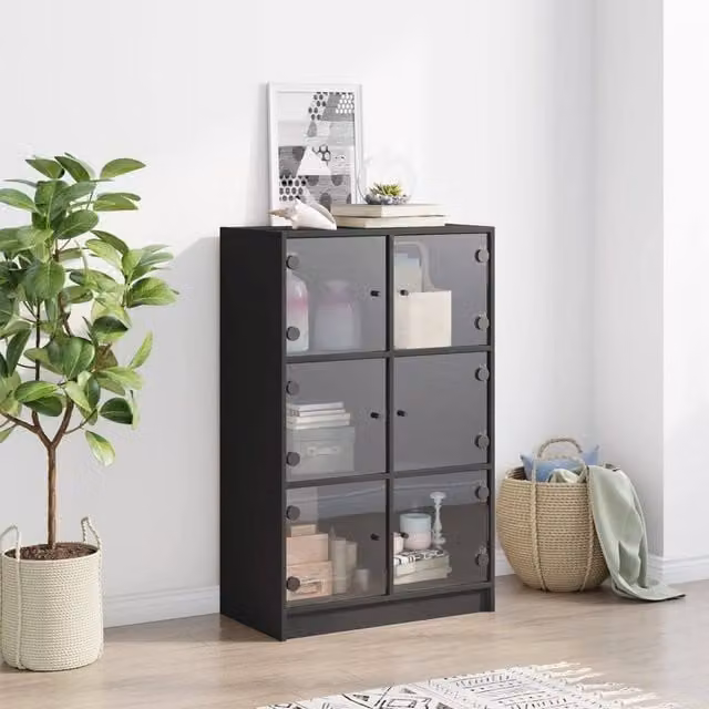 Berkfield Home Modern Black Highboard with Glass Doors and Internal Shelves, W/D/H: 68 x 37 x 109 cm