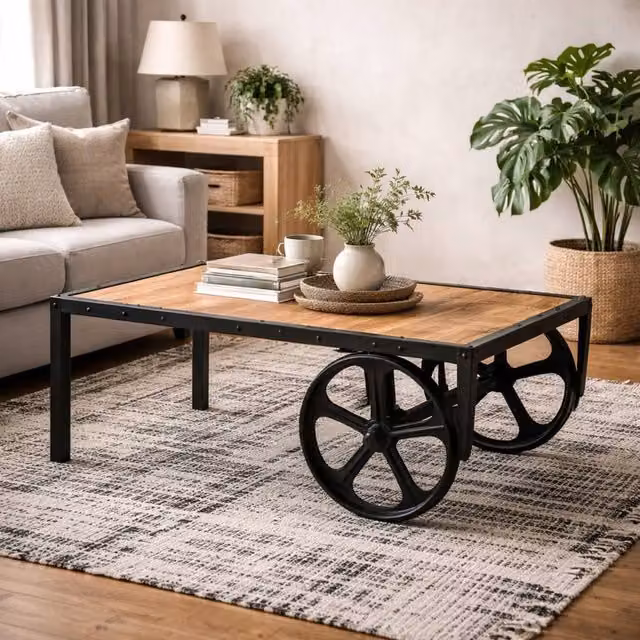 Wyld Haus Toivakka Industrial Reclaimed Wood and Metal Coffee Table with Castors, Brown – 1