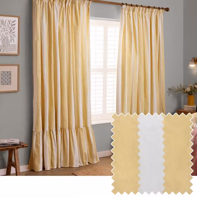 Make It A Home Birdie Stripe Fully Lined Ruffle Pencil Pleat Curtain Pair in Butter Yellow, Height: 183 cm, Width: 117 cm