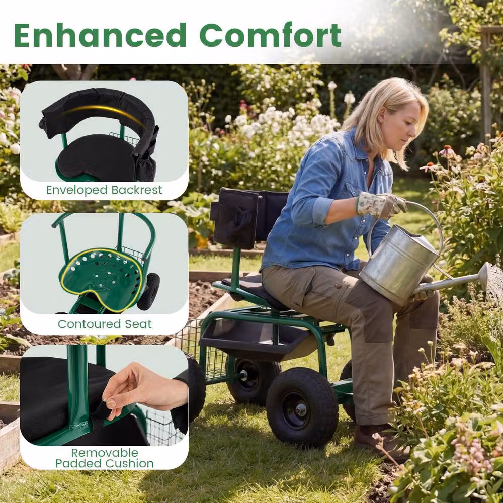 Costway Rolling Garden Work Seat with Wheels and Swivel Seat in Green – 8