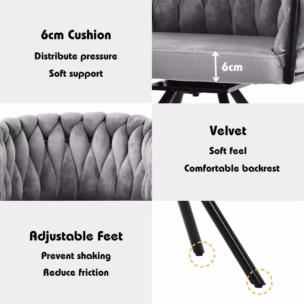 Rolipo Grey Velvet 360° Swivel Dining Chair with Metal Legs – 3