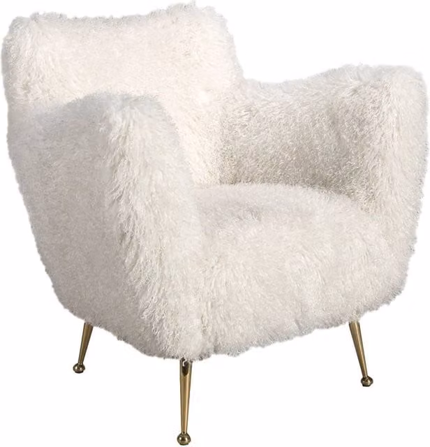Angel Cerda White Long-Pile Fabric Armchair with Gold Metal Frame