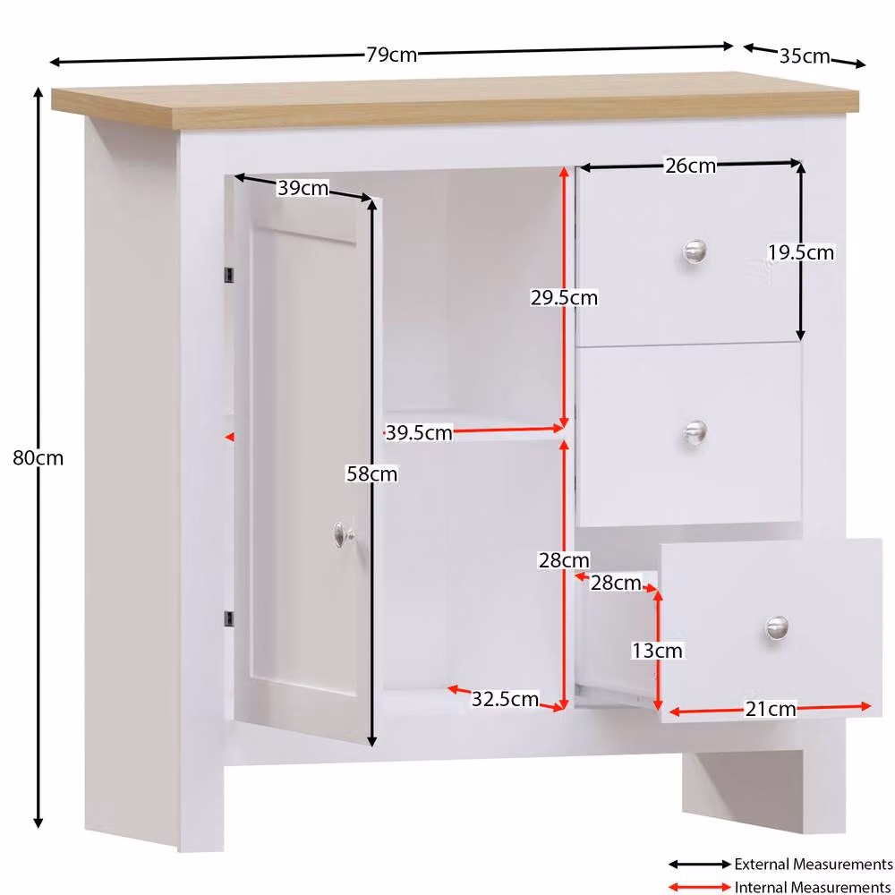 HD Designs Arlington 3 Drawer 1 Door Sideboard in White W/D/H: 80 x 79 x 35 cm – 2