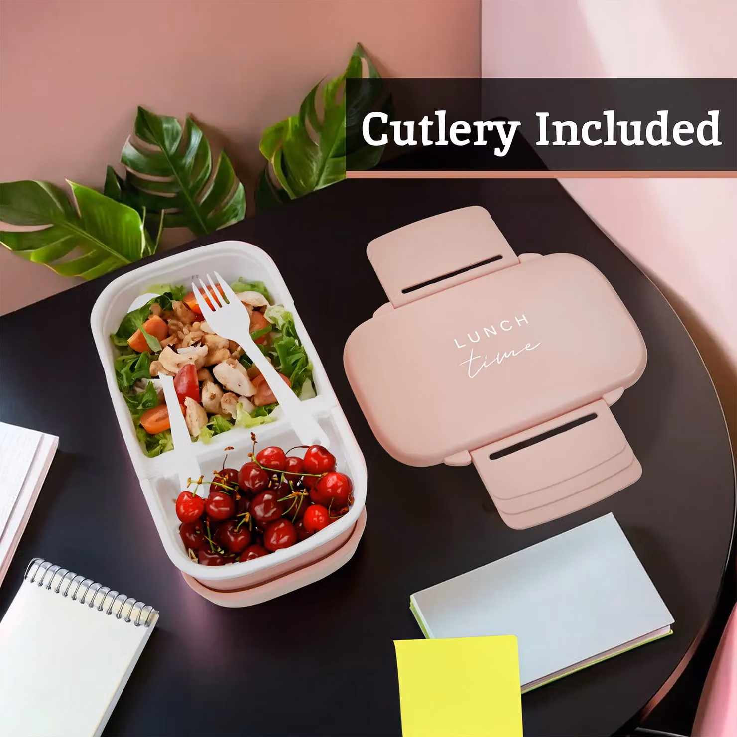 Orsina Pink Leakproof Plastic Lunch Box with Dividers and Cutlery – 4