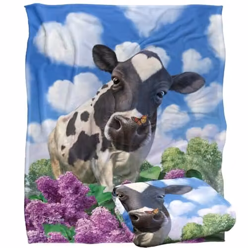 JQ Licensing Jlo Cow and Butterflies Garden Silky Touch Super Soft Fleece Throw Blanket, White, W/D/H: 152 x 127 cm – 1