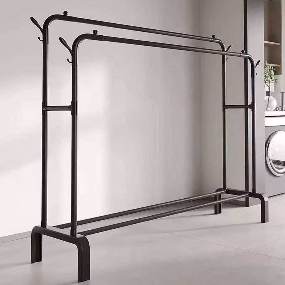 FLAVORA Heavy Duty Double Rail Clothes Rack with Multi Shelves in Matt Black Metal – 2