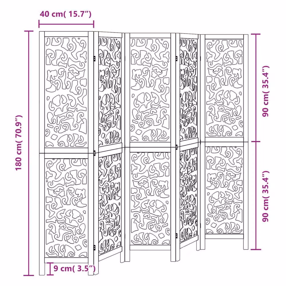 Berkfield Home 5-Panel Room Divider in Black Solid Paulownia Wood – 7