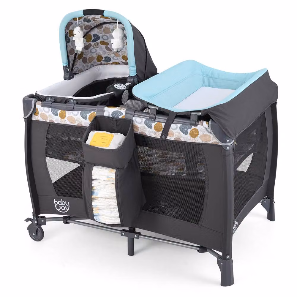 CASART Foldable Nursery Center Bassinet and Baby Playard with Diaper Changing Table in Grey and Multicolour – 3