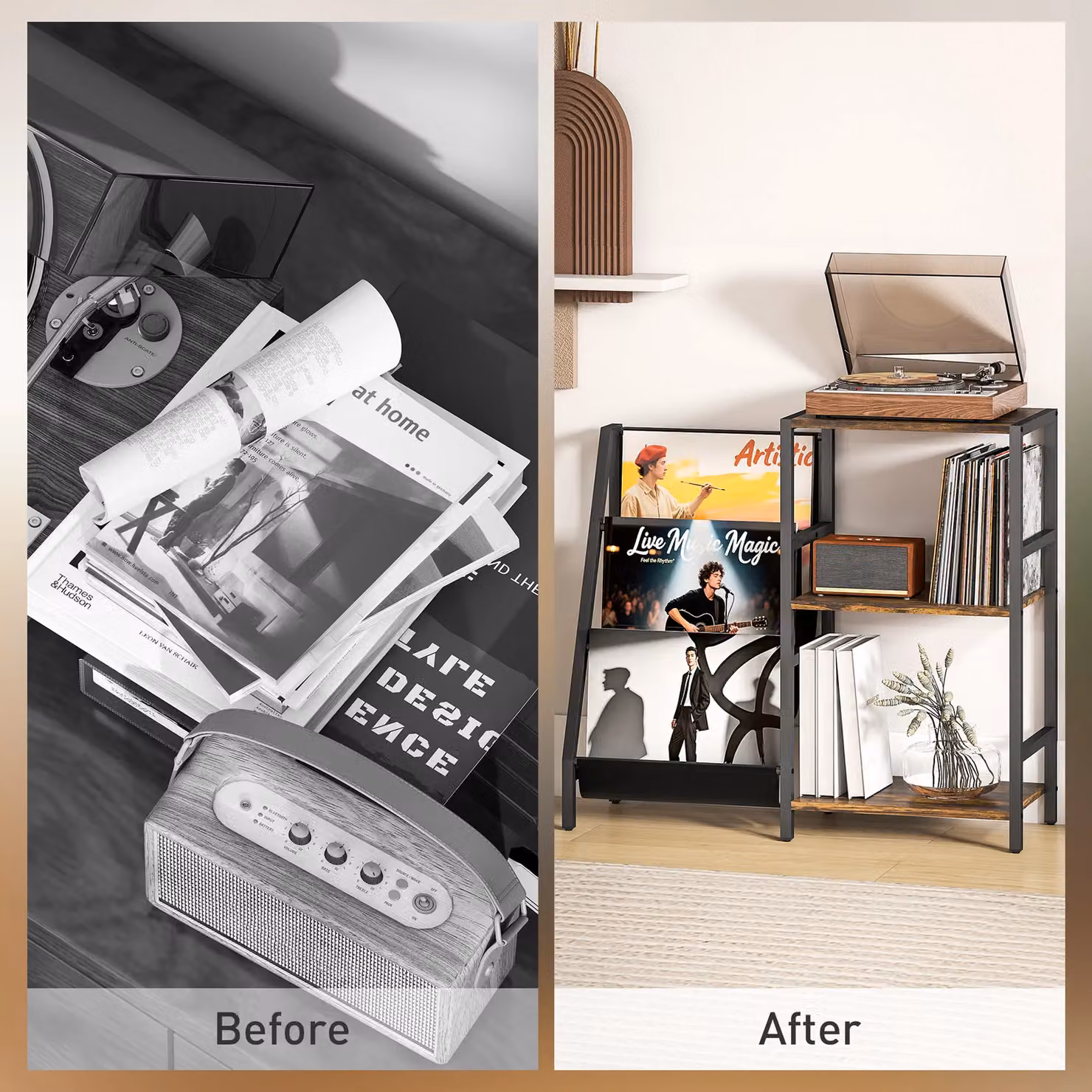 HOMCOM 3-Tier Industrial Record Player Stand and Vinyl Storage Side Table in Brown – 4