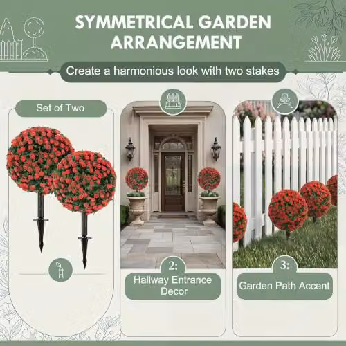 HOMCOM Set of 2 Red Artificial Rose Topiary Trees, UV-Resistant, Height: 55 cm – 4