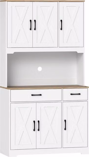 HOMCOM White Freestanding Tall Kitchen Pantry Cabinet with Microwave Stand and Internal Shelves, Height: 175 cm