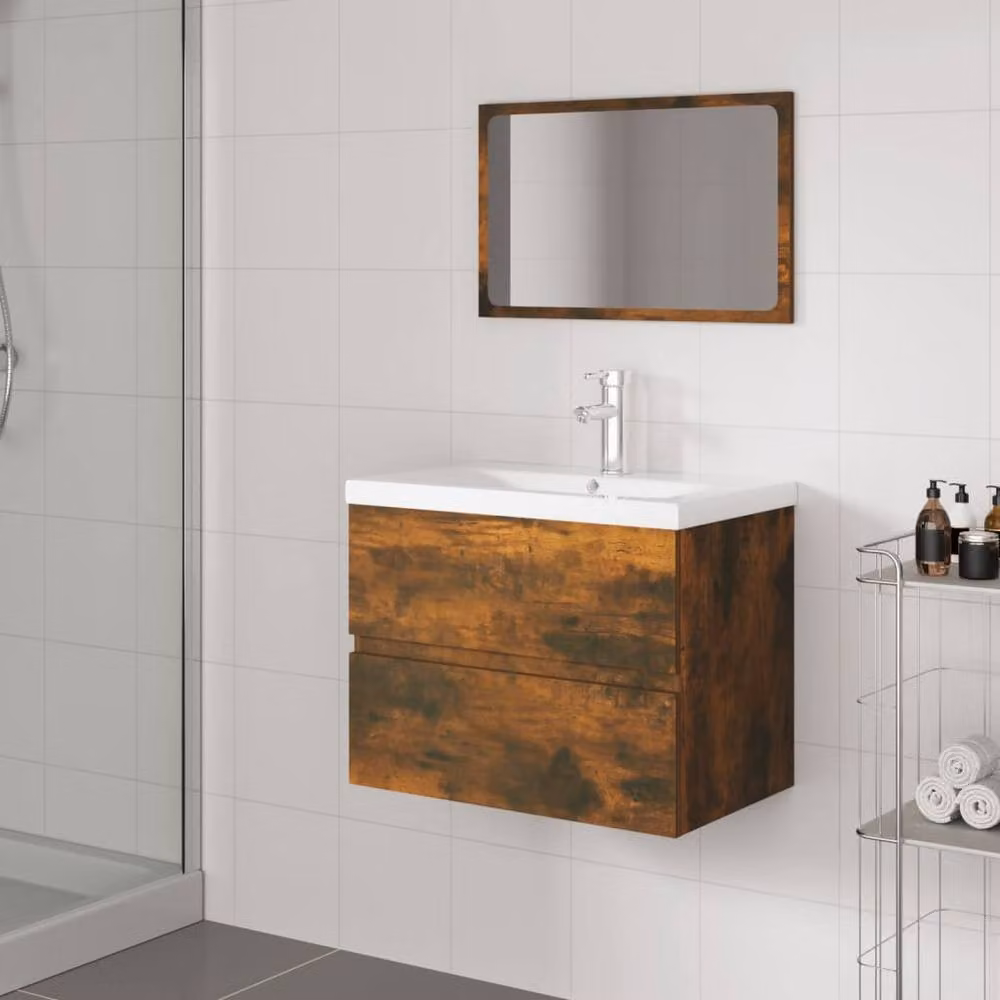 Berkfield Home Modern Bathroom Furniture Set in Smoked Oak Brown, featuring a Wall-Mounted Vanity Unit and Mirror Cabinet – 2