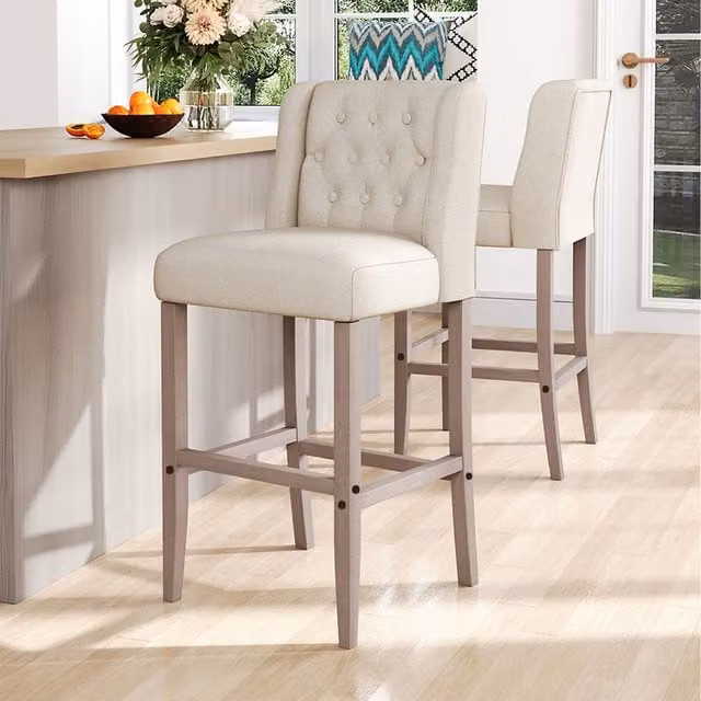 Livingandhome Set of 2 Beige Linen Tufted Bar Stools with Wooden Legs