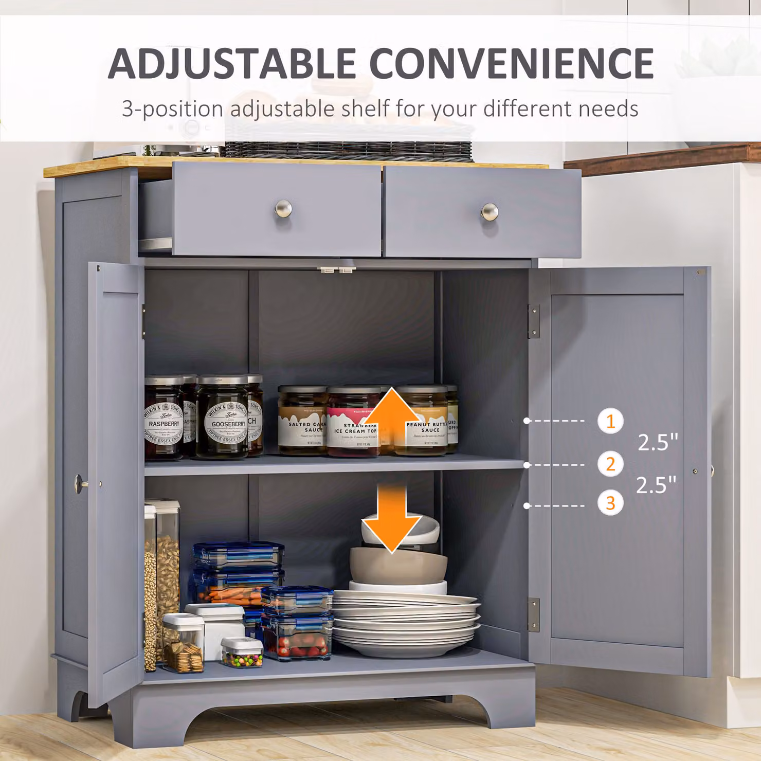 HOMCOM Grey Multi-use Sideboard Cabinet with Solid Wood Top, Adjustable Shelf and Drawer – 3