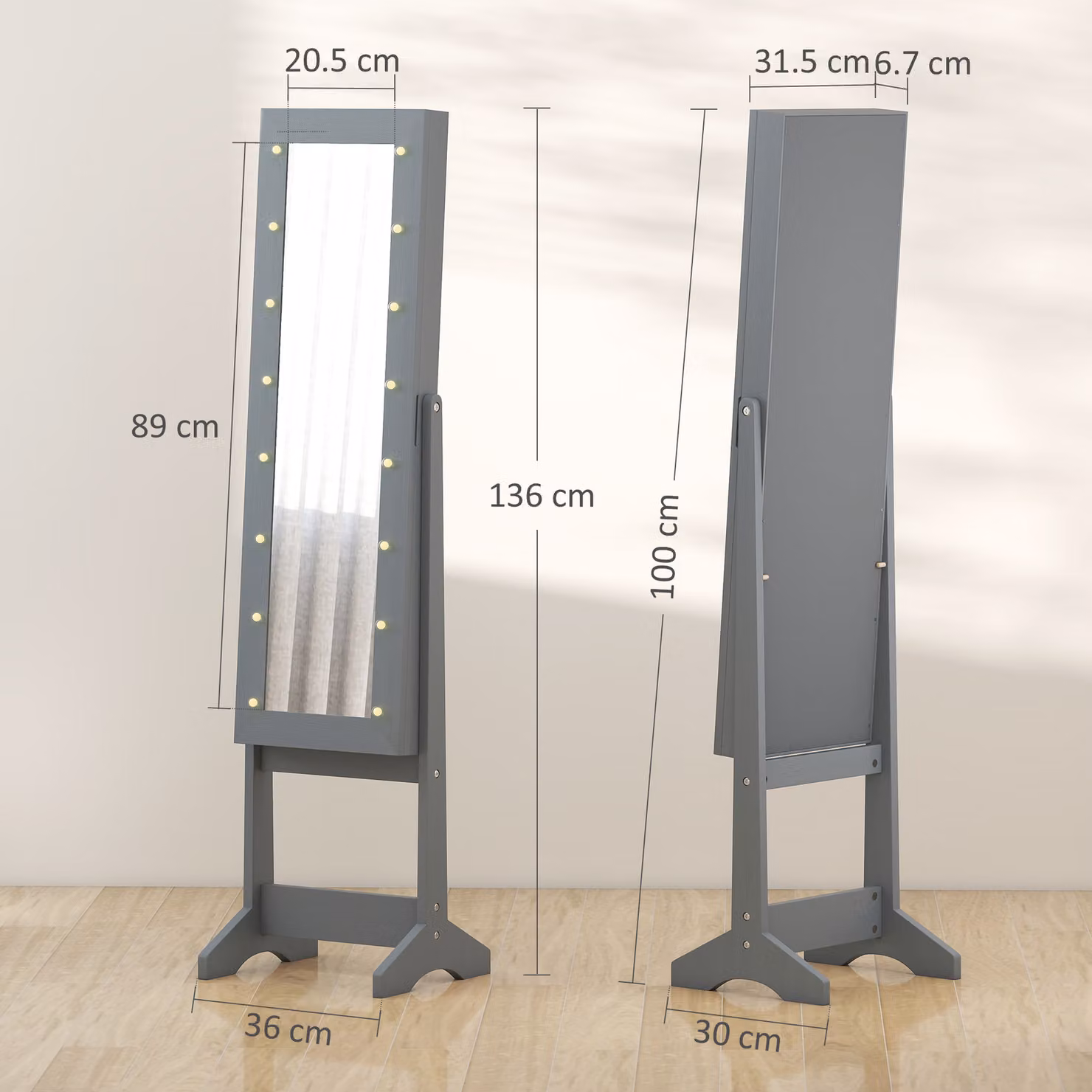 HOMCOM Free Standing Full-Length Mirror Jewellery Cabinet with LED Lights and Internal Storage, Grey – 3
