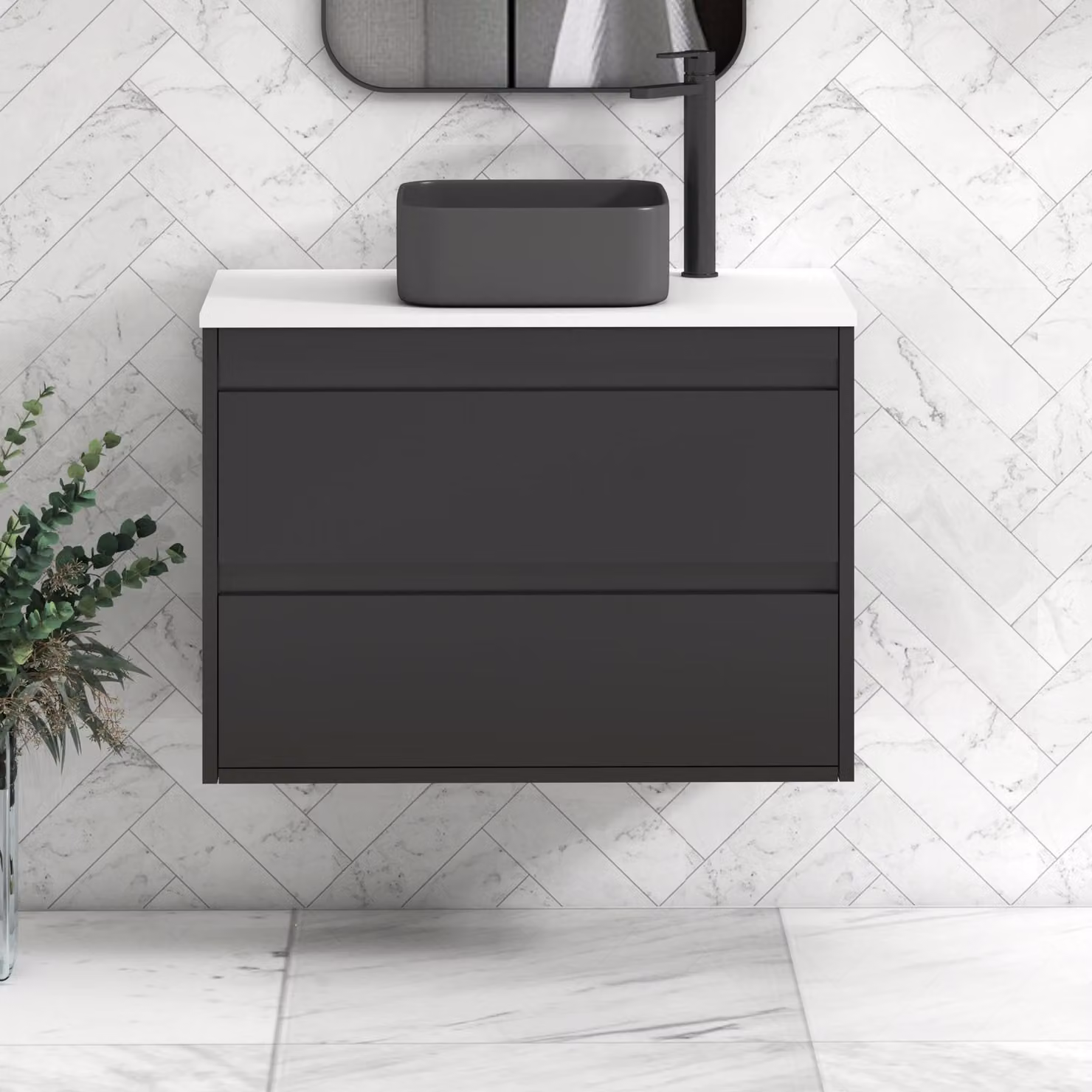 Royal Bathrooms Orion 800mm Matt Obsidian Black Wall Hung 2 Drawer Vanity Unit with White Art Square Basin and Black Accent Trim