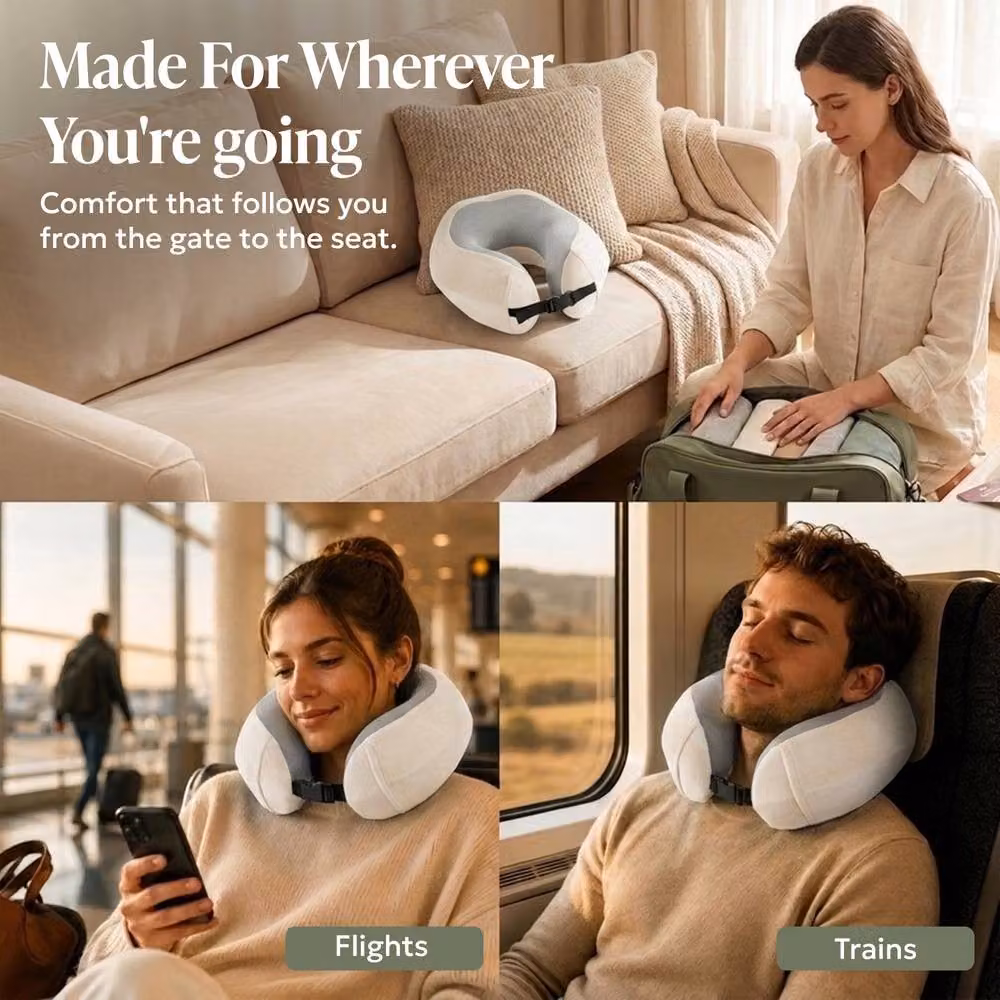 Lugg U-Shaped Memory Foam Travel Neck Pillow with Removable Cooling Cover and Storage Bag in Beige – 5