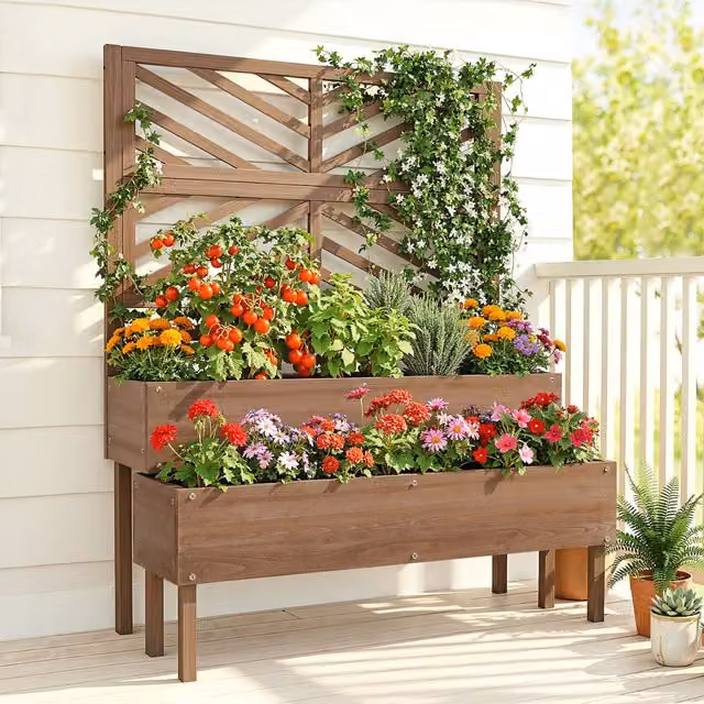 Yaheetech 2-Tier Raised Garden Bed with Trellis in Dark Brown
