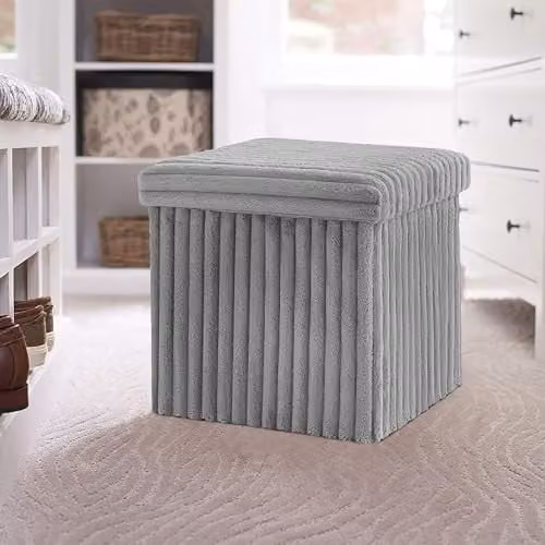 Gaveno Cavailia Grey Striped Fabric Ottoman Storage Box and Footstool, W/D/H: 38 x 38 x 38 cm