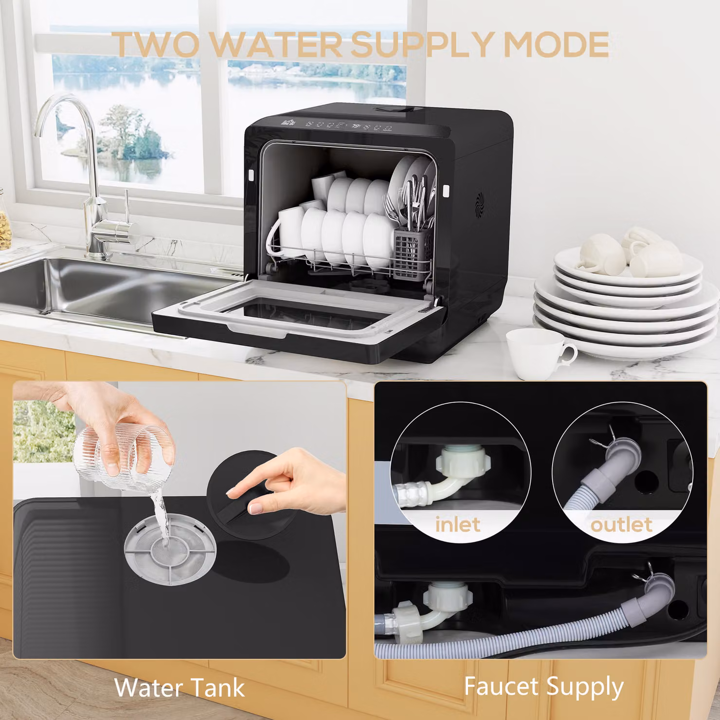 HOMCOM Black Countertop Dishwasher with 6L Water Tank and 4 Place Settings – 5