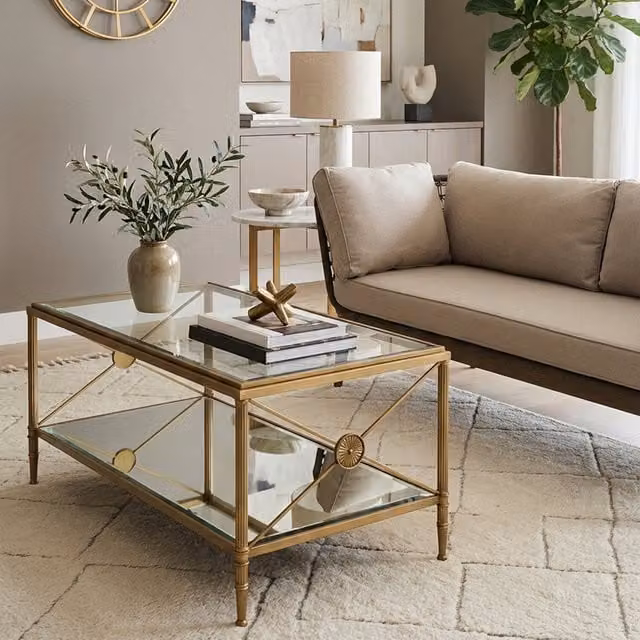 Orsina Rectangular Glass Coffee Table with Gold Metal X-Frame, Antique Floral Design, W/D/H: 106 x 61 x 51 cm