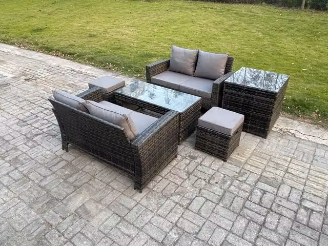 Fimous 6 Piece Poly Rattan Garden Furniture Set in Dark Grey with Upholstered Cushions, Side Table and 2 Ottomans
