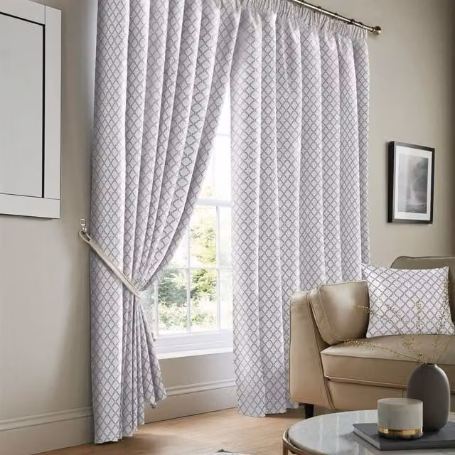 Luxury Living Modern Geometric Two-Tone Jacquard Pencil Pleat Taped Curtains in White, W: 168 cm, H: 183 cm