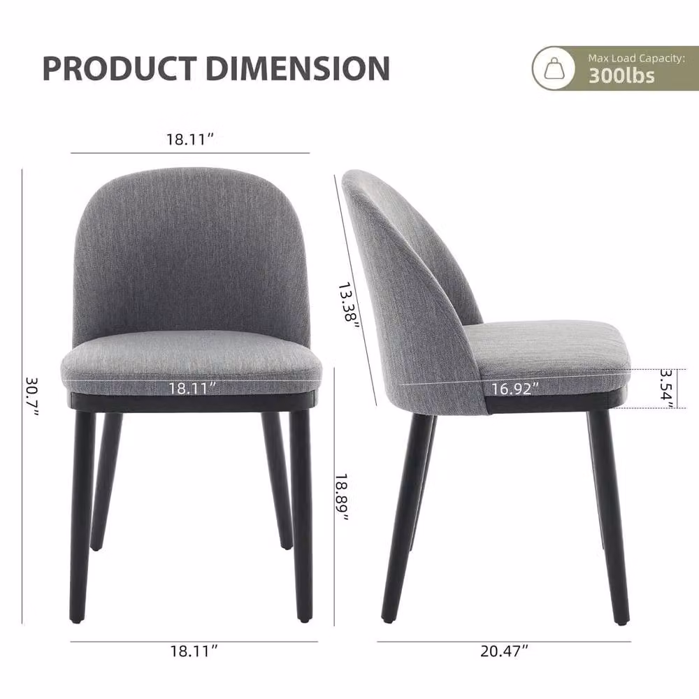 FORGEVIO Set of 2 Grey Linen Upholstered Dining Chairs with Cushioned Polyester Fabric Seats and Wood Legs – 2