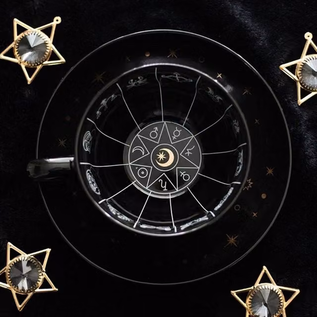 Uniqueful Astrology Fortune Telling Ceramic Teacup with Saucer in Black, White and Gold, 550ml