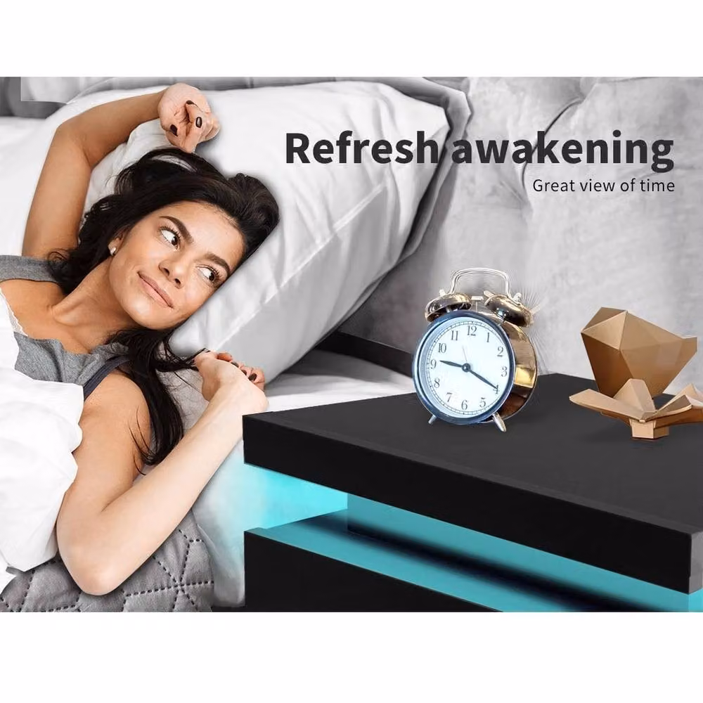 VOGREX Set of 2 Modern High Gloss Black Bedside Nightstands with RGB LED Lighting – 3