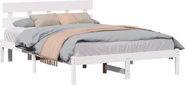 Berkfield Home Solid Wood Pine Bed Frame with Headboard in White, W/D/H: 150 x 200 x 80.5 cm