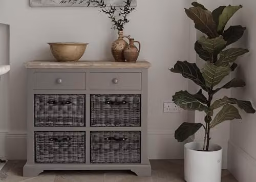 Florence Dove Grey Sideboard with 2 Drawers and 4 Removable Storage Baskets, Acacia Wood Top, W/D/H: 96 x 42 x 85 cm – 1
