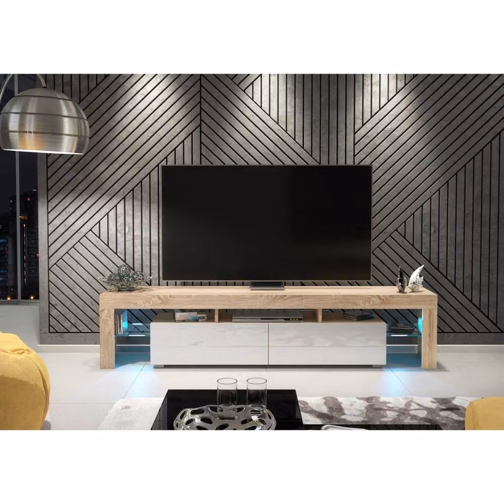 Mex Furniture LTD Nova TV Unit in Oak and White Gloss with LED Lights, W: 200 cm, D: 45 cm, H: 35 cm – 4