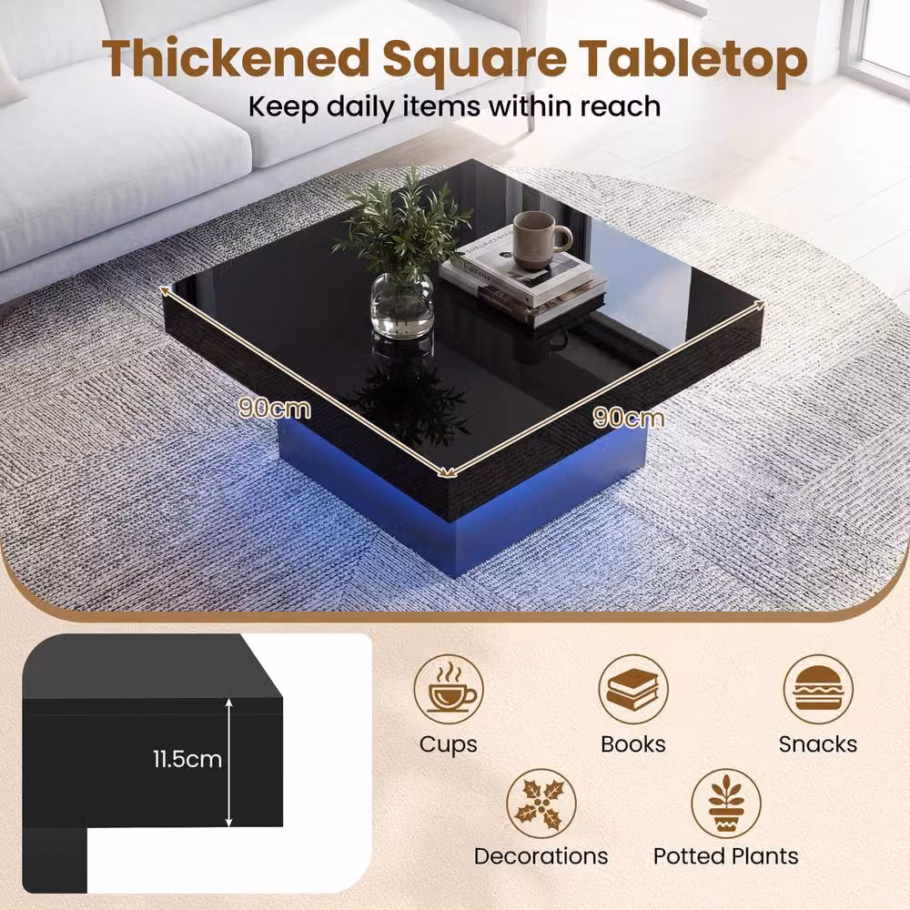 Gymax Square LED Coffee Table with Remote and 21 Dynamic Modes in Black Wood Finish – 4