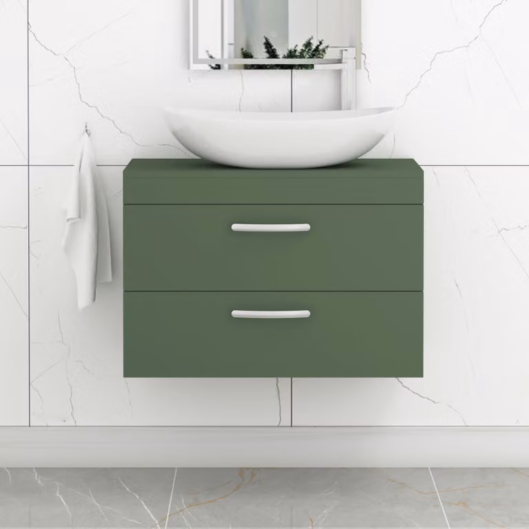 Cesar Turin 800mm Wall Hung Vanity Unit with 2 Drawers and Countertop Basin in Matt Green with Brushed Brass Handle