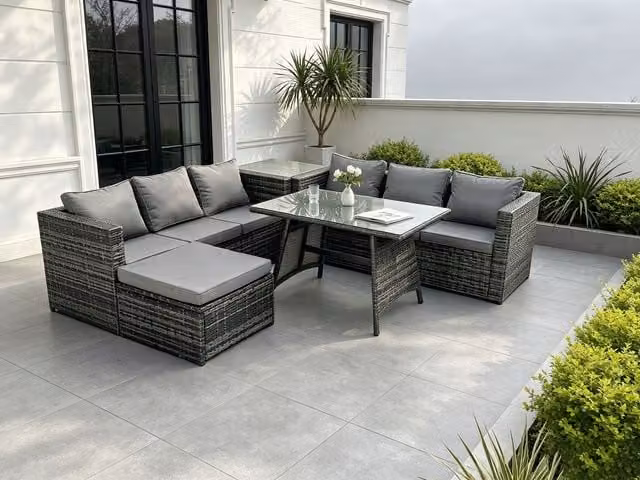 Fimous 7 Seater Rattan Garden Dining Set with Sofa, Dining Table, Footstool and Side Table in Dark Grey – 1