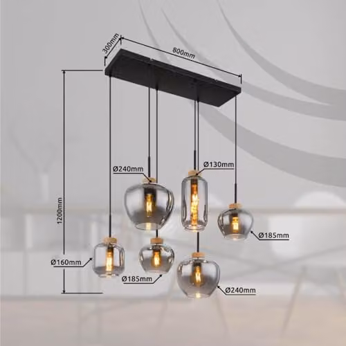 Globo Lighting 6-Light Modern Suspended Pendant Lamp in Matt Black and Wood, W/D/H: 120 x 40 x 40 cm – 2