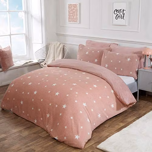 Dreamscene Star Teddy Fleece Duvet Cover and Pillowcase Set, Pink and White, W/D/H: 230 x 220 x 190 cm – 2