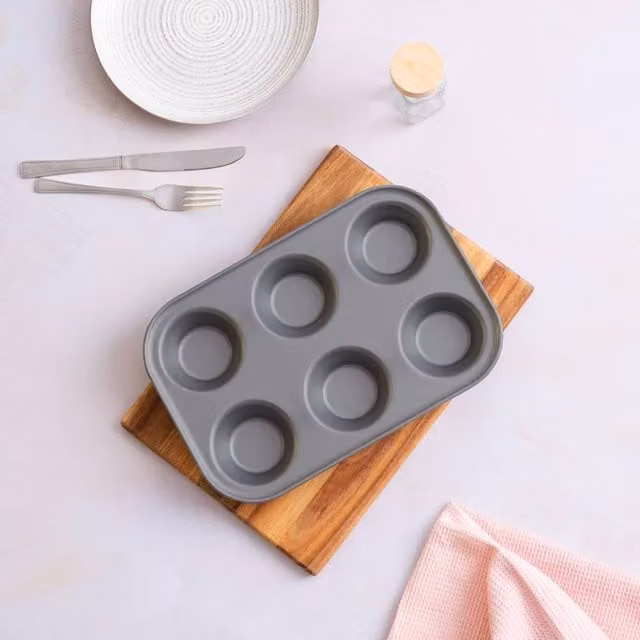 Betterware Essentials 6 Cup Non-Stick Carbon Steel Muffin Tray in Silver – 1