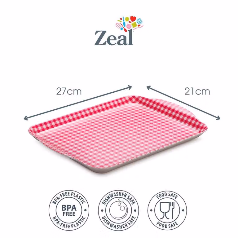 Zeal Melamine Gingham Serving Tray with Handles, Pink, W: 27 cm, D: 21 cm