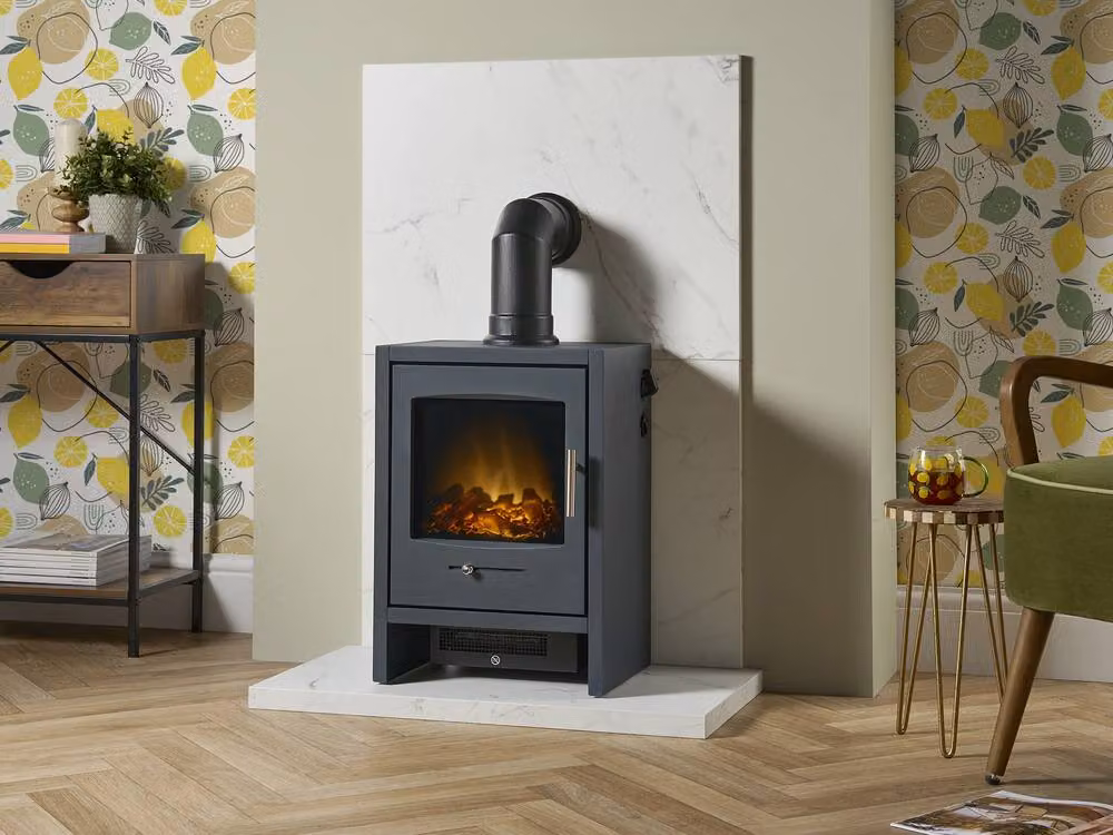 Acantha Fires & Fireplaces Tile Hearth Set in White Marble Effect with Bergen Stove and Angled Pipe in White and Grey – 2
