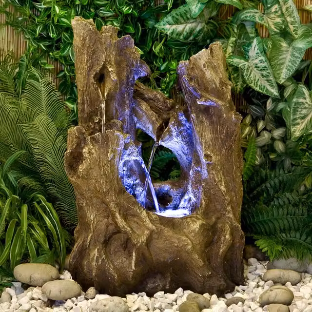 Primrose Logger Falls Rustic Tree Stump Design Tabletop Cascade Water Feature with LED Lights, Brown