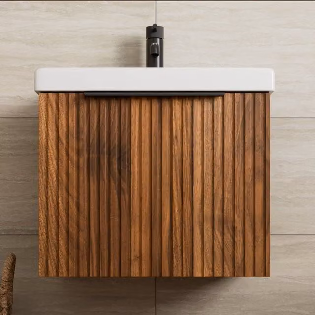 Bathwell Modern Fluted Wall Hung Vanity Unit with White Basin and Black Handle in Walnut